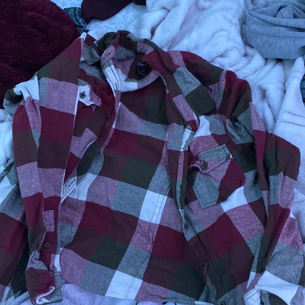 Red, white and light brown flannel button up